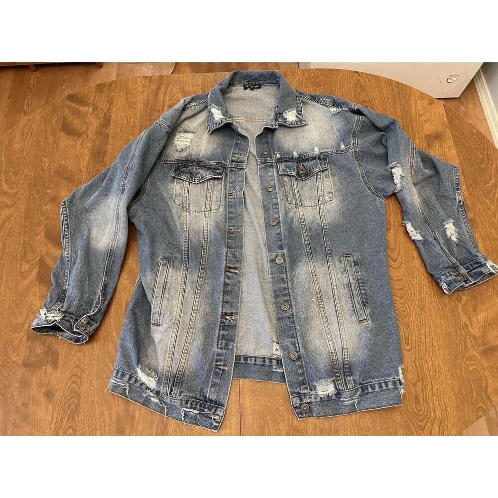 Fashion Nova Jean Jacket Womens XL Distressed Grunge Punk Rock Indie Bleach Wash